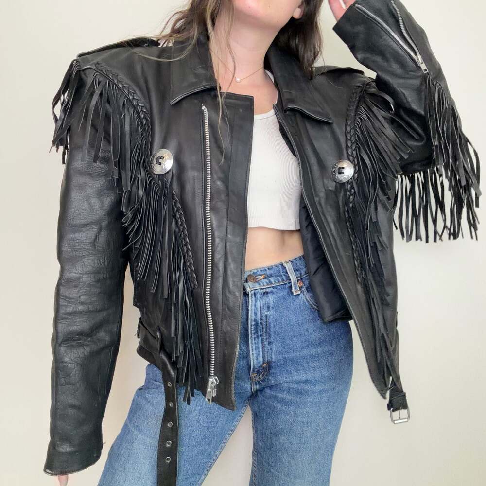 Vintage Western Fringe Leather Biker Jacket